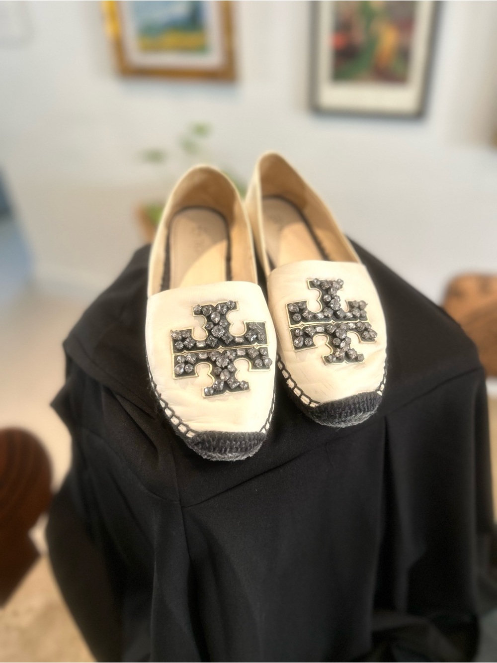 Tory Burch Cream Espadrille Flats with Black Embellished Logo